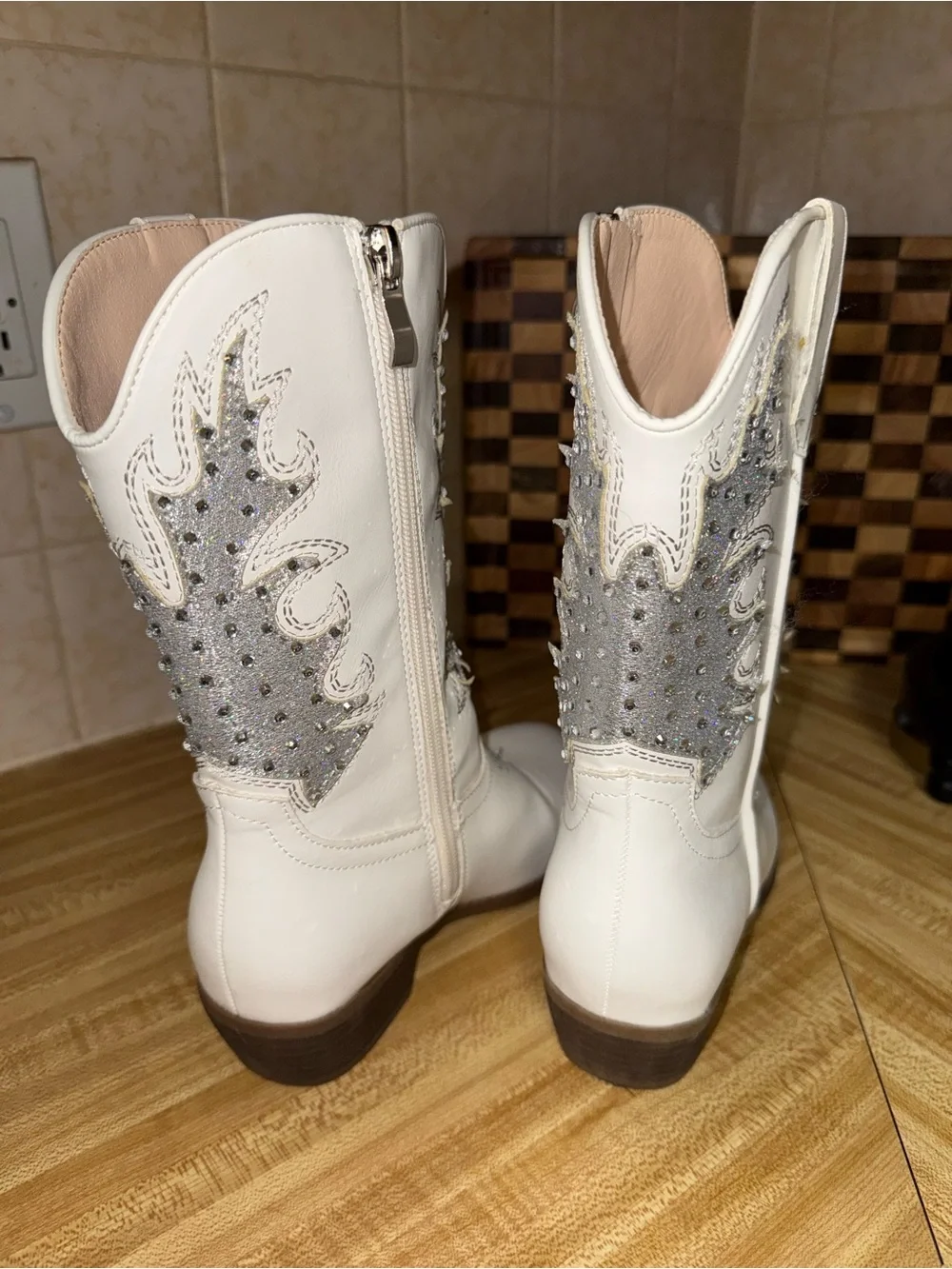White Ankle Western Booties with Silver Embellishment